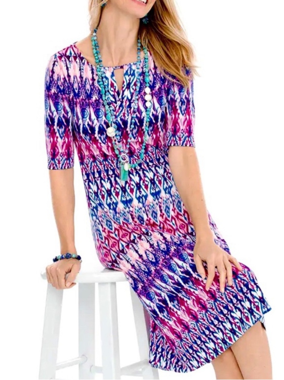 Chico's Pink and Purple Ikat V-Neck Knee‎ Length Dress. Size 2/12 US.